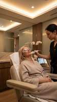 Professional aesthetician performing facial treatment on mature blonde woman in luxury spa with modern lighting and elegant interior design.