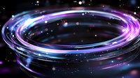 Glowing spiral light trails with purple and blue neon colors against dark background create dynamic motion effect with sparkles and bokeh elements.