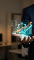 Businessman in dark suit holding glowing holographic scales of justice with upward trending financial charts and data analytics for legal compliance, regulatory business solutions.