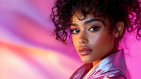 Young African American woman with curly hair against vibrant pink background, wearing glossy pink jacket, professional beauty and fashion portrait with dramatic lighting.