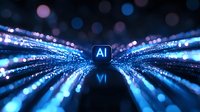 Glowing AI cube with radiating blue light streams and bokeh effects on dark background creates futuristic technology concept for artificial intelligence designs.