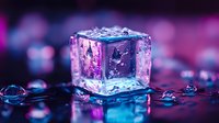 Melting ice cube with water drops in neon purple and blue lighting on dark reflective surface, macro photography with selective focus and bokeh effect.