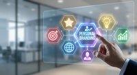 Professional hand touching digital interface with personal branding icons in modern office environment for business marketing and career development.