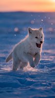 White arctic wolf running through snow at sunset with warm golden light and bokeh effects creating magical winter wildlife scene.