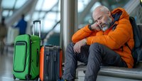 Tired middle-aged Caucasian man in orange winter jacket sleeping while waiting at airport terminal with colorful luggage, travel fatigue and flight delay concept.