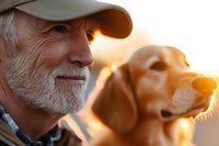Senior Caucasian man with white beard wearing baseball cap smiling next to golden retriever dog during sunset, warm golden hour lighting creates emotional bond.