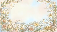 Ornate floral frame with roses, lilies, and botanical elements in gold tones featuring crescent moons and clouds on isolated background for design projects.