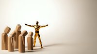 Golden figure stands triumphantly with raised arms before fallen wooden people, symbolizing leadership victory and business success concept.