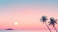 Dreamy tropical sunset with palm trees silhouettes against pink and blue gradient sky, full moon rising over calm ocean horizon, minimalist beach landscape.