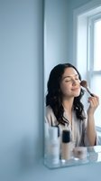 Young woman applying makeup with brush in bright bathroom mirror reflection enjoying morning beauty routine skincare cosmetics self-care wellness lifestyle.