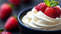 Fresh ripe strawberries on top of swirled whipped cream dessert in dark ceramic bowl, garnished with mint leaf against black background.
