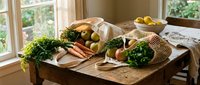 Fresh organic vegetables and herbs in eco-friendly reusable bags on rustic wooden kitchen table near sunny window for sustainable cooking and meal prep.