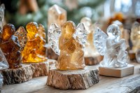 Crystal and amber angel figurines displayed on wooden slices, spiritual decor with translucent gemstones catching light, creating mystical atmosphere.