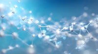 Glowing molecular structure network on blue background with bokeh effect and connected nodes illustrating scientific research or medical concept.