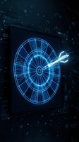 Neon glowing target with arrow hitting bullseye on digital screen, representing precision, success, and goal achievement in technology and business strategy concepts.