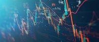 Financial market data visualization showing dynamic stock price movements with candlestick charts and technical analysis indicators on blue and red gradient background.