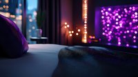 Cozy bedroom interior with purple LED lights and bokeh effect creating romantic ambient atmosphere. Soft bed linens in focus with blurred city lights background.