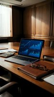 Business laptop displaying financial charts and graphs on wooden desk in executive office with calculator and documents for professional analysis.