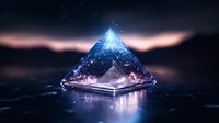 Glowing pyramid with mystical blue light emerging from apex, floating above reflective surface against dark starry sky and pink clouds. Futuristic fantasy concept.