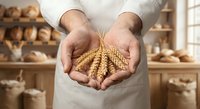 Baker hands holding golden wheat ears in artisan bakery with fresh bread loaves on wooden shelves background showcasing organic grain to bread process.