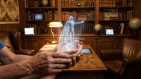 Holographic human figure projection floating above cupped hands in classic library study with wooden bookshelves and vintage decor for futuristic technology concepts.