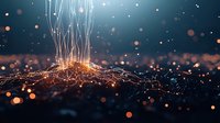 Glowing neural network roots with orange light particles emerging from dark surface against blue background, abstract technology concept visualization.