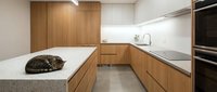 Modern minimalist kitchen with warm wood cabinets, white countertops and sleek appliances. Cat resting on marble island in contemporary home interior.
