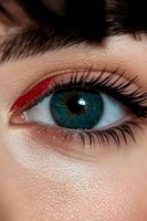 Close-up of bright blue eye with red eyeshadow accent and long natural lashes against smooth skin, showcasing modern makeup artistry and beauty trends.