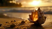 Seashell on sandy beach at golden sunset, backlit conch shell with warm sunlight streaming through, creating magical coastal atmosphere on tropical shore.