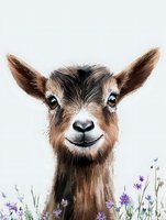 Smiling baby goat portrait with bright blue eyes surrounded by purple wildflowers on light background, farm animal art for nursery and children decor.