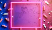 Glowing neon pink square frame on gradient blue and coral background with scattered medical pills and capsules creating modern pharmaceutical composition.