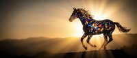 Majestic mosaic horse galloping at golden sunset, stained glass texture body glowing with vibrant colors against dramatic mountain backdrop and sunrays.