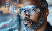 African American businessman wearing augmented reality glasses analyzing financial data and stock market charts in modern office environment.