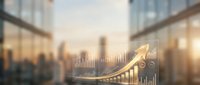 Business growth chart with upward arrow overlaying modern city skyline at sunset, representing financial success and corporate development strategies.