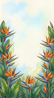 Watercolor tropical border with bird of paradise flowers and lush green leaves framing a soft sky background, perfect for cards and posters.