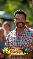 Happy middle-aged mixed race man in plaid shirt holding fresh grilled burger plate at outdoor barbecue party with friends in background.
