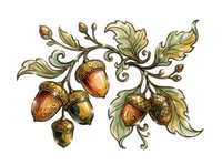 Ornate acorn branch with golden leaves and detailed botanical elements isolated on white background, suitable for autumn designs, invitations, and decorative applications.