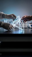 Multiple hands in latex gloves holding glowing neon triangle network symbol on dark table, representing digital connection, technology innovation, and collaborative teamwork in modern business environment.