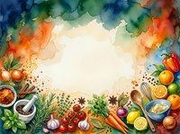 Watercolor cooking frame with fresh vegetables, herbs, citrus fruits, and kitchen utensils arranged around cream center space. Ideal for food blogs, recipes, culinary designs.