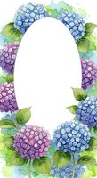 Watercolor hydrangea floral frame with blue, purple, and pink blooms forming an oval arch border with green leaves and copy space.