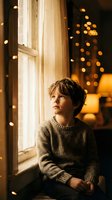 Young boy in cozy sweater sitting by window with warm bokeh lights creating magical evening atmosphere at home during winter holidays.