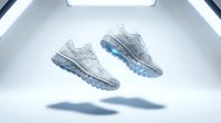 Futuristic white and silver athletic sneakers with glowing blue gel soles floating in a bright studio, showcasing modern sport footwear design.