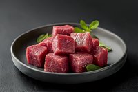 Fresh raw beef cubes cut into equal portions on dark ceramic plate with basil leaves, ready for cooking. Premium quality meat on black background.