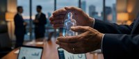 Businessman holding glowing holographic human figure in hands with colleagues and cityscape in background, representing digital transformation and innovation.