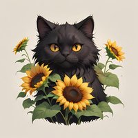 Fluffy black cat with bright yellow eyes surrounded by blooming sunflowers and green leaves on beige background, artistic style illustration.