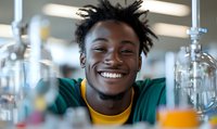 Young African American male scientist with bright smile in laboratory setting surrounded by research equipment and glassware, wearing green scrubs and yellow shirt.