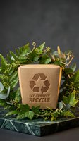 Eco-friendly cardboard box with recycle symbol surrounded by green plants on marble surface promoting sustainable packaging and environmental awareness.
