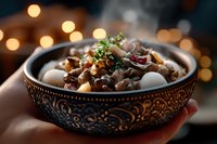 Traditional Middle Eastern mixed nuts and dried fruits in ornate bowl with warm bokeh lights creating festive atmosphere for celebrations and gatherings.