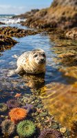 Adorable harbor seal pup resting in shallow tide pool surrounded by colorful sea anemones and rocky coastline during low tide at ocean shore.