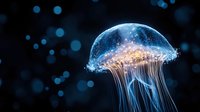 Luminescent jellyfish floating in dark waters with glowing blue tentacles and translucent dome-shaped bell, surrounded by bokeh light effects creating magical underwater atmosphere.